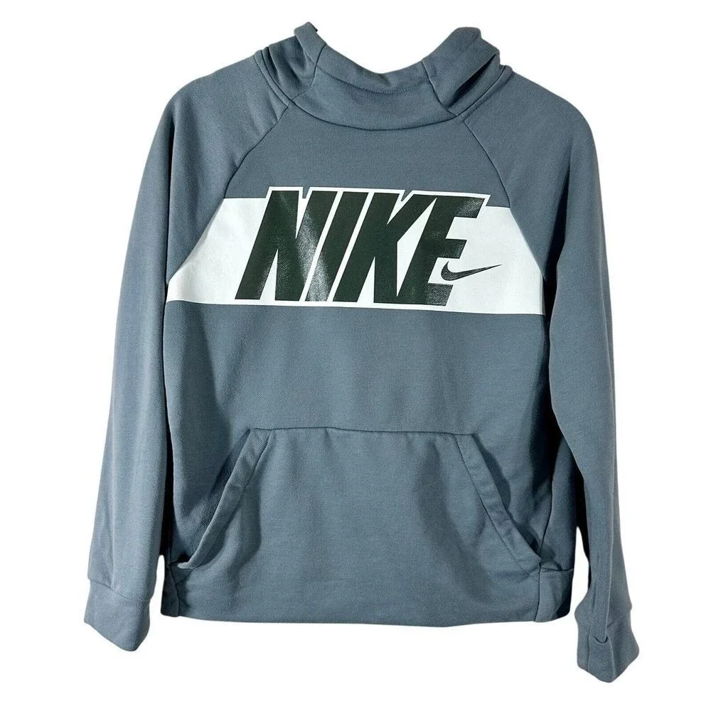 Nike Boys Dri-FIT Pullover Hoodie Blue Gray Graphic Logo Pockets Size Large